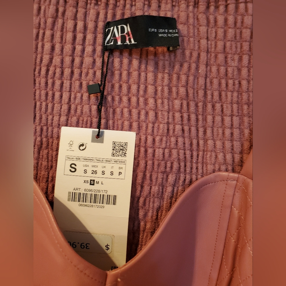 ZARA FAUX LEATHER CROP TOP PUFF SLEEVES Small Mauve NWT - Picture 5 of 12